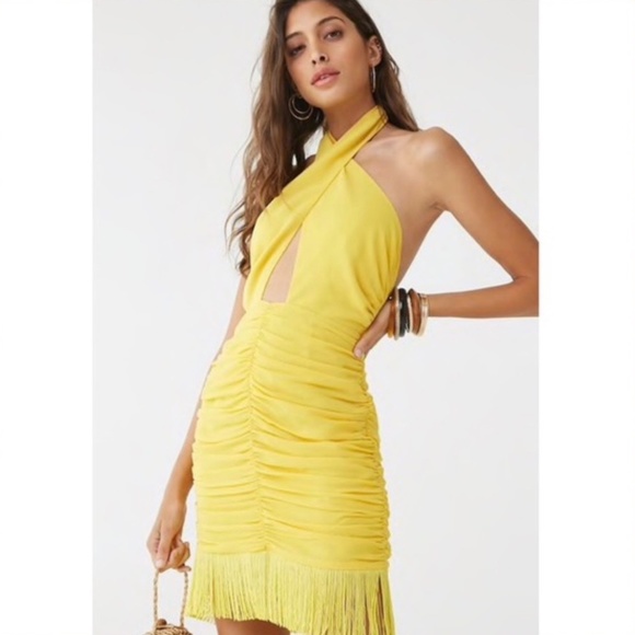 New Forever 21 Yellow Ruched Halter Mini Dress - Picture 1 of 9